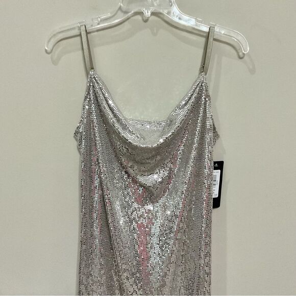 bebe Silver Sequin Slip Dress Sz XL NWT Cowl Neck Party Evening Sexy Mini - Picture 3 of 9